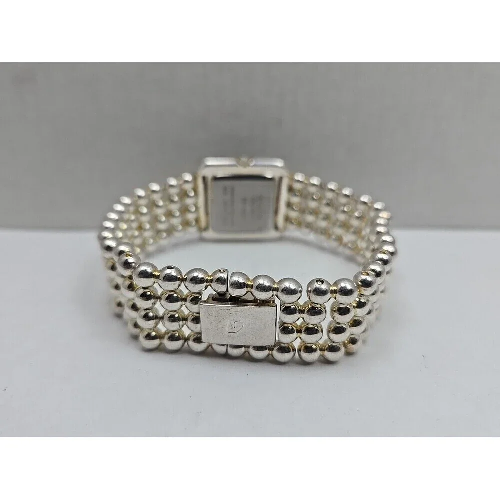 Gruen Womens Square Black Dial Quartz Watch Silver Bead Bracelet New Battery
